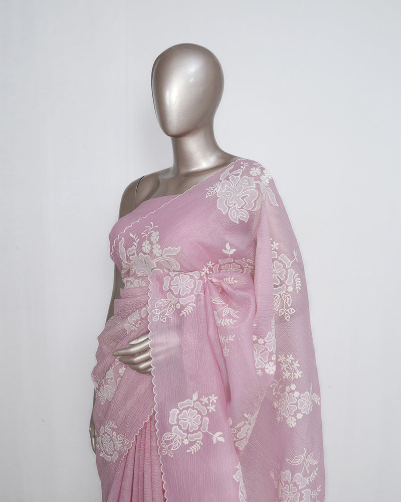 Blush Pink Crushed Organza Saree – Floral Elegance  SAN3997