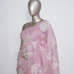 Blush Pink Crushed Organza Saree – Floral Elegance  SAN3997