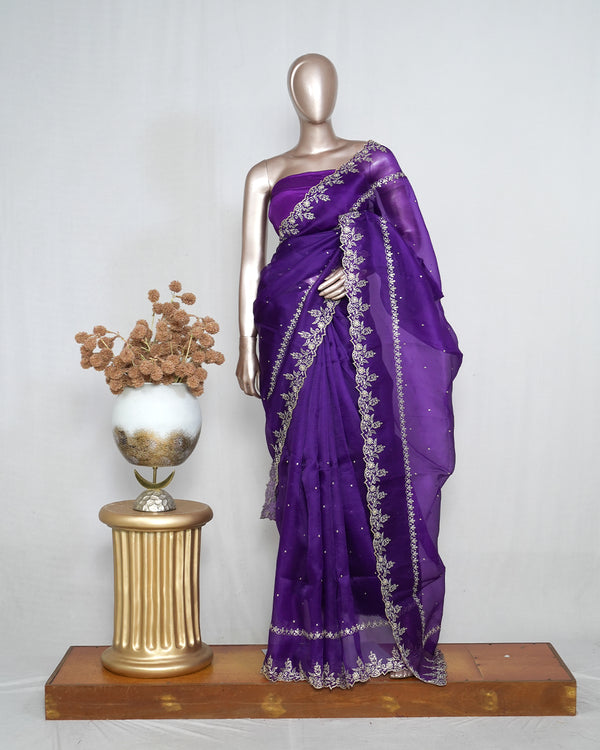 Deep Violet Pure Organza Embroidered Saree SAN4871