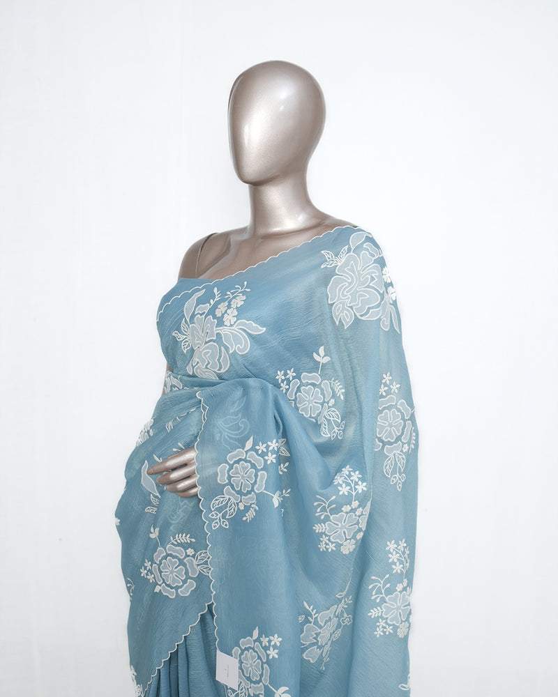 Pastel blue Crushed Organza Saree – Floral Elegance  SAN3990