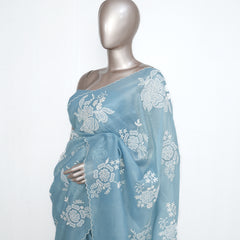 Pastel blue Crushed Organza Saree – Floral Elegance  SAN3990