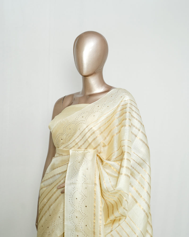 Ivory Tussar Silk Saree with Mukesh Handwork Border & Elegant Pallu SAN4852