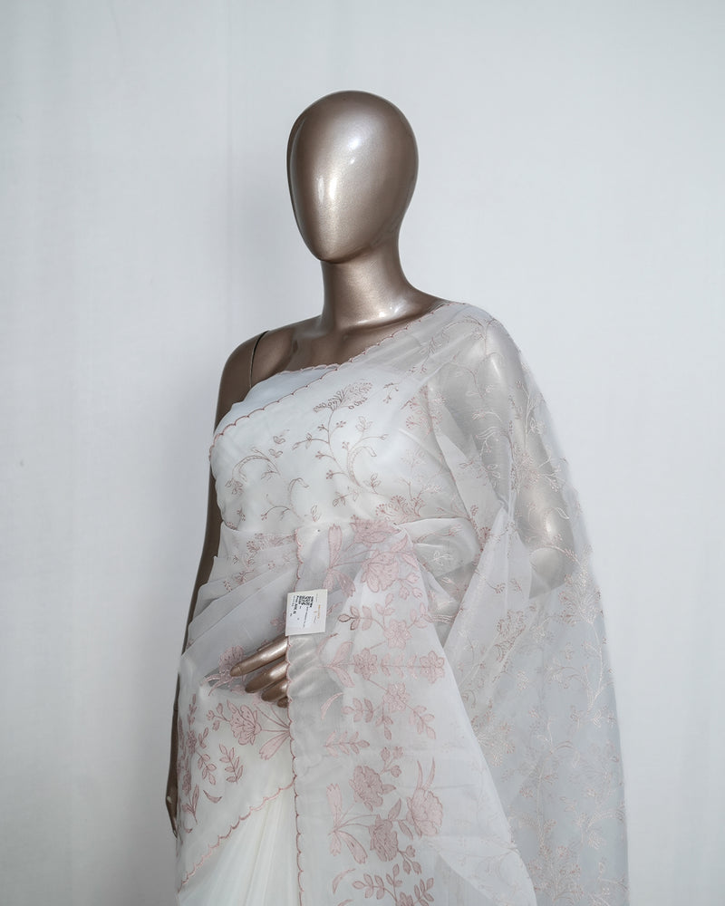 White Organza Saree with  Mauve Appliqué Embroidery & Scalloped Finish  SAN5308