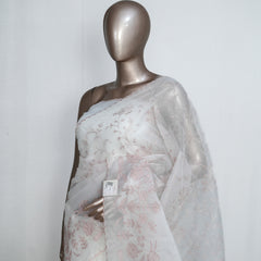 White Organza Saree with  Mauve Appliqué Embroidery & Scalloped Finish  SAN5308
