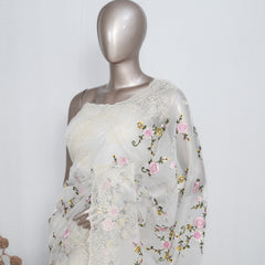 Offwhite Floral Embroidered Organza Saree – Timeless Grace  SAN4955