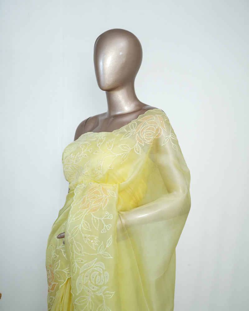 Yellow Organza Saree with Floral Thread Embroidery SAN4934