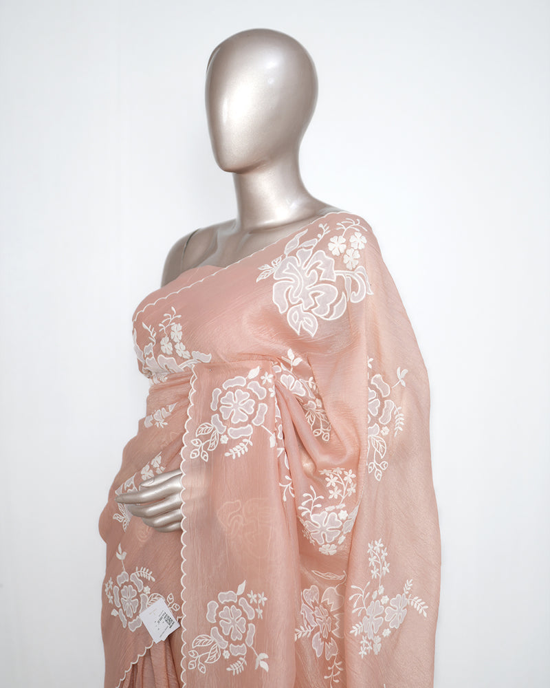 Blush Peach Crushed Organza Saree – Floral Elegance  SAN3991