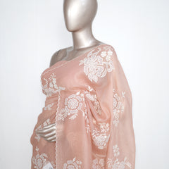 Blush Peach Crushed Organza Saree – Floral Elegance  SAN3991