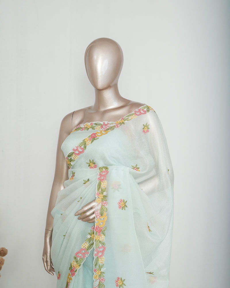 Ice Blue Crushed Organza Saree SAN4341