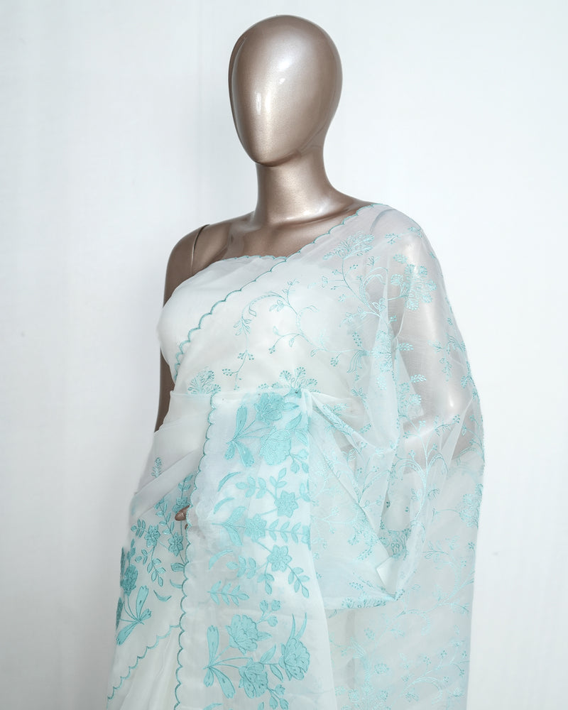 White Organza Saree with Blue Appliqué Embroidery & Scalloped Finish SAN5308