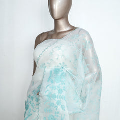 White Organza Saree with Blue Appliqué Embroidery & Scalloped Finish SAN5308
