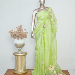 Parrot Green Organza Saree with 3D Appliqué Embroidery SAN4865