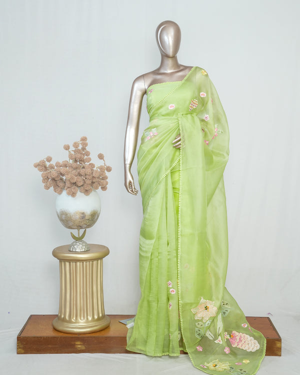 Parrot Green Organza Saree with 3D Appliqué Embroidery SAN4865
