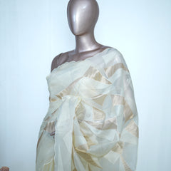Ivory Organza Saree with Golden Appliqué – Elegant Semi-Turkish Finish SAN5333