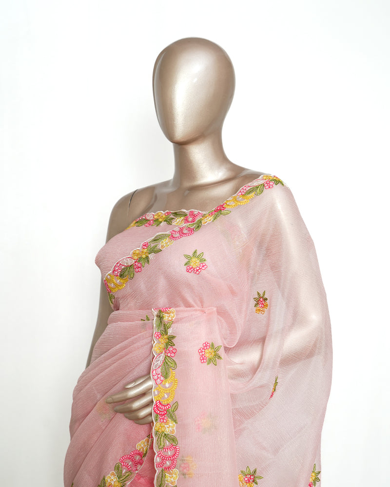 Peach Organza Saree with Floral Thread Embroidery  SAN4338