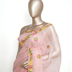 Peach Organza Saree with Floral Thread Embroidery  SAN4338