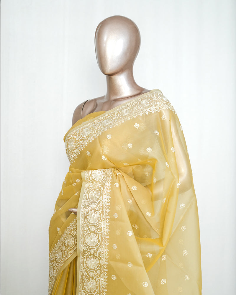 Muted pastel yellow Organza Saree  Q SAN5312