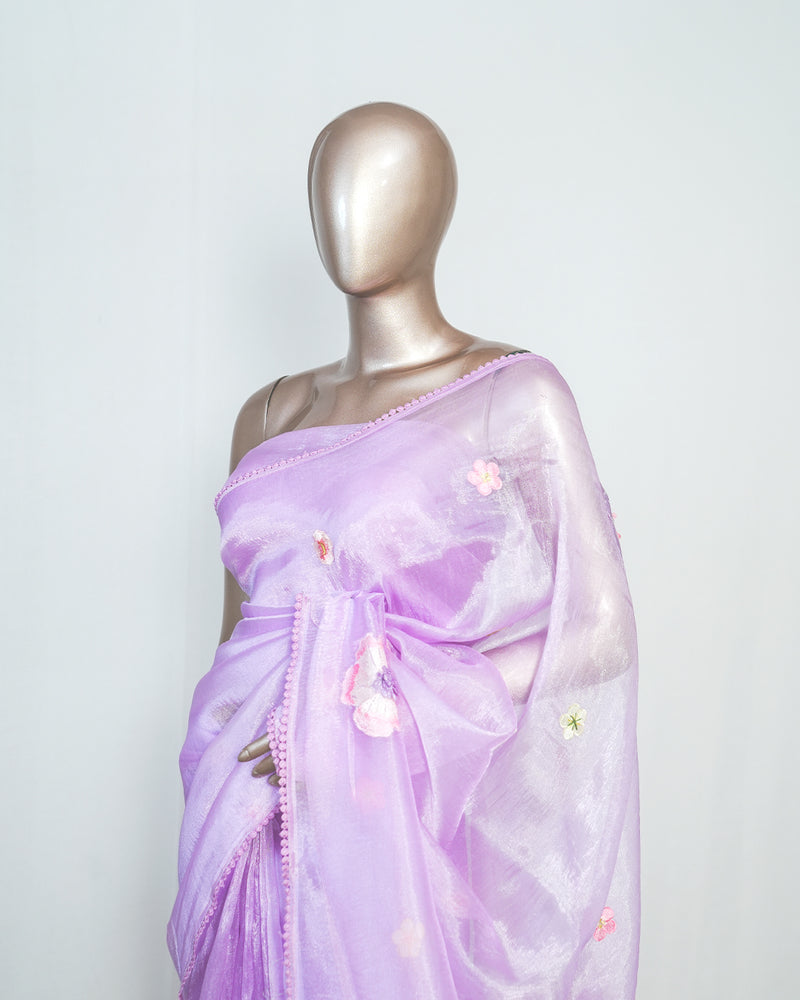 Lilac Organza Saree with Floral Thread Embroidery  SAN4349