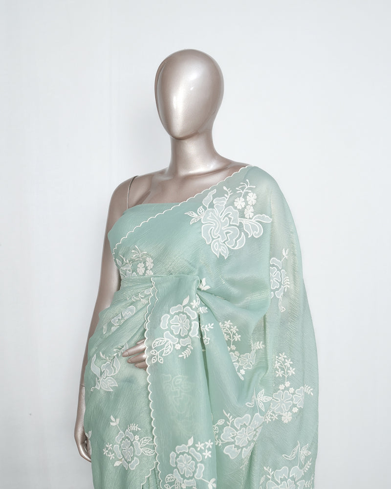 Sea green Crushed Organza Saree – Floral Elegance SAN3993