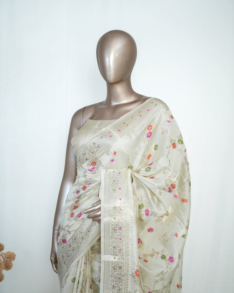 Ivory Banarasi Chanderi Saree with Meenakari Floral Weaving  SAN4387