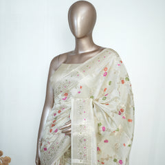 Ivory Banarasi Chanderi Saree with Meenakari Floral Weaving  SAN4387