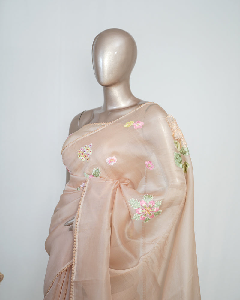Nude Shade Organza Saree with 3D Appliqué Embroidery SAN4862