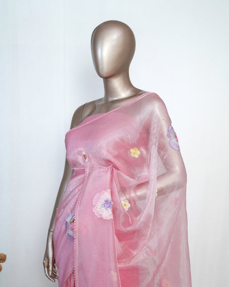 Pink Organza Saree with Floral Thread Embroidery  SAN4348
