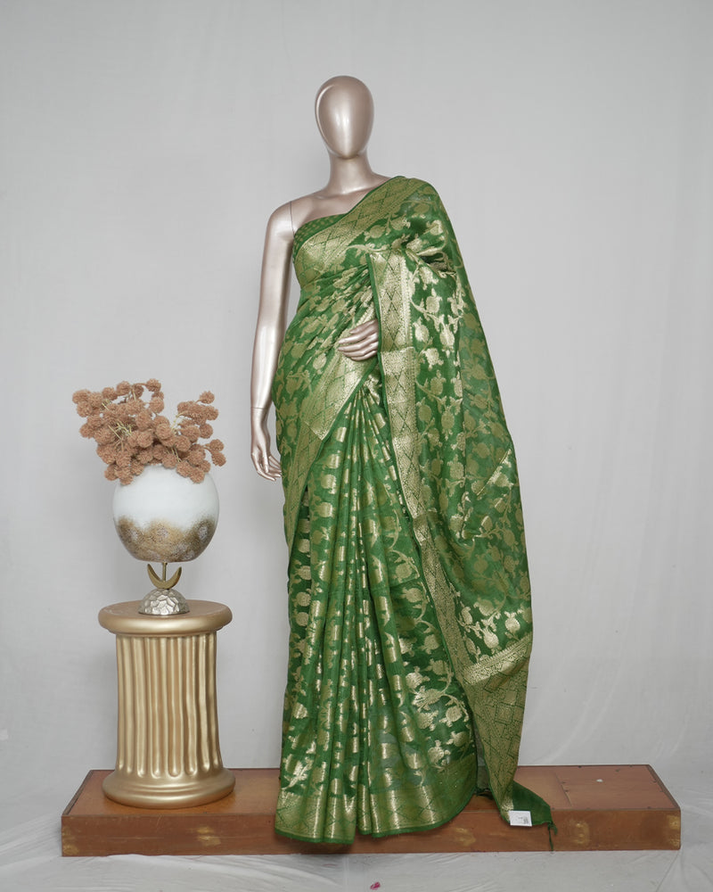 ⁠Linen Silk Saree with Banarasi Weaving  SAN4059