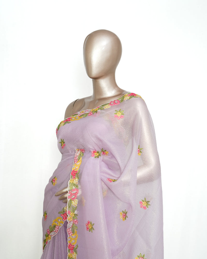 Lavender Organza Saree with Floral Thread Embroidery SAN4340