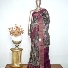 Tussar Silk Printed Saree with Bavunchi Border SAN4193