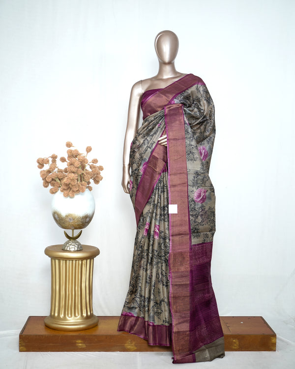 Tussar Silk Printed Saree with Bavunchi Border SAN4193