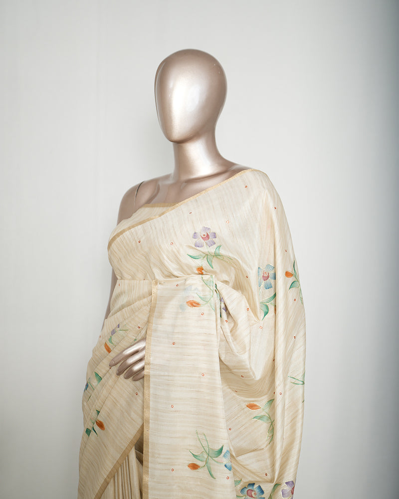 Ivory Floral Hand-Painted Kota Saree E SAN5318