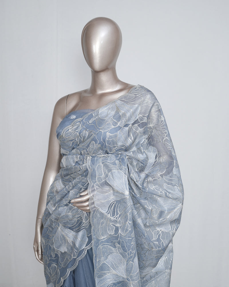 Powder Blue Organza Saree with Floral Silver & Gold Hand Embroidery SAN5300