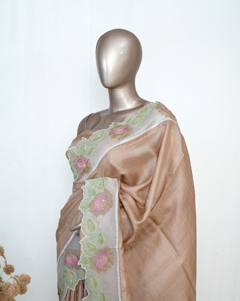 Nude Pure Tusser Silk Saree with Organza Embroidered Border  SAN4950