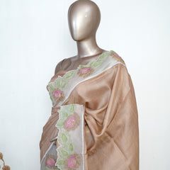 Nude Pure Tusser Silk Saree with Organza Embroidered Border  SAN4950