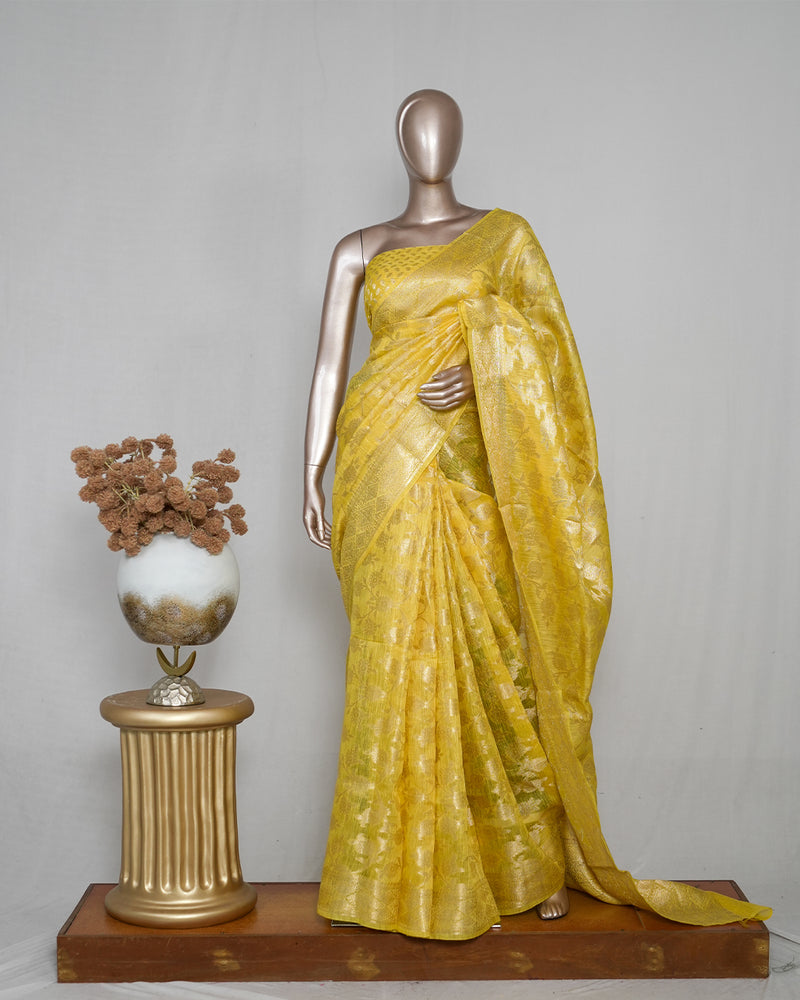⁠Linen Silk Saree with Banarasi Weaving  SAN4061