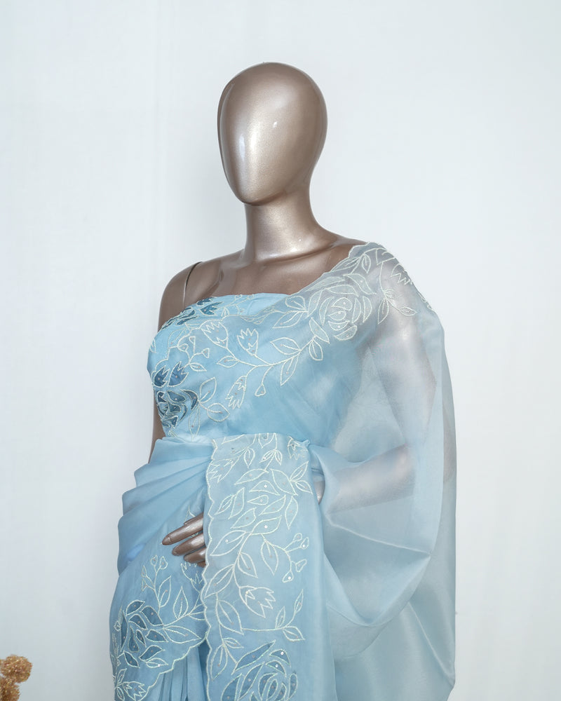 Blue Organza Saree with Floral Thread Embroidery SAN4934