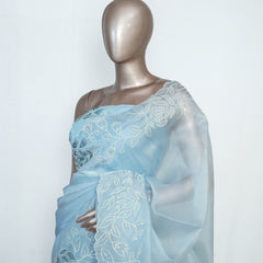 Blue Organza Saree with Floral Thread Embroidery SAN4934