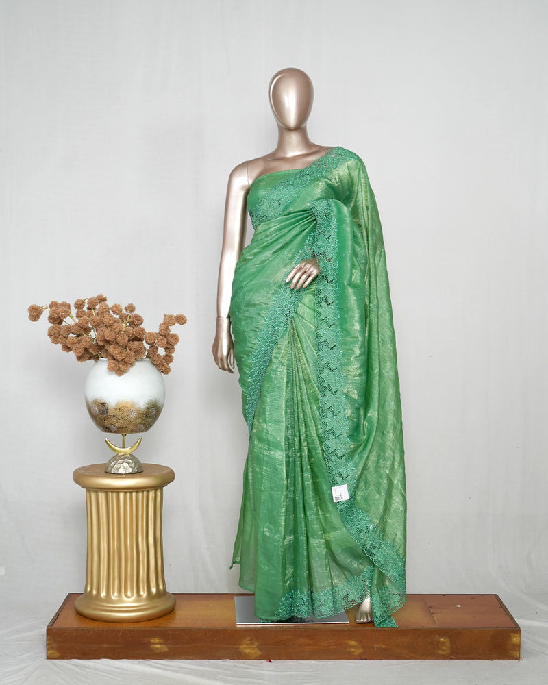Shimmer Crushed Satin _ Crushed Tissue EMB Saree (₹4300) B 004119