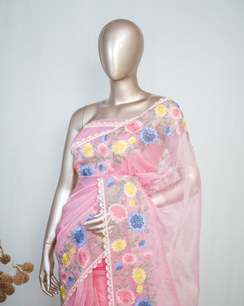 Pink Organza Saree with Floral Thread Embroidery SAN4320