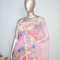 Pink Organza Saree with Floral Thread Embroidery SAN4320