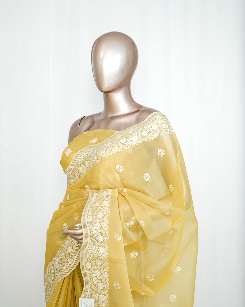 Pastel yellow Organza Saree  P  SAN5312