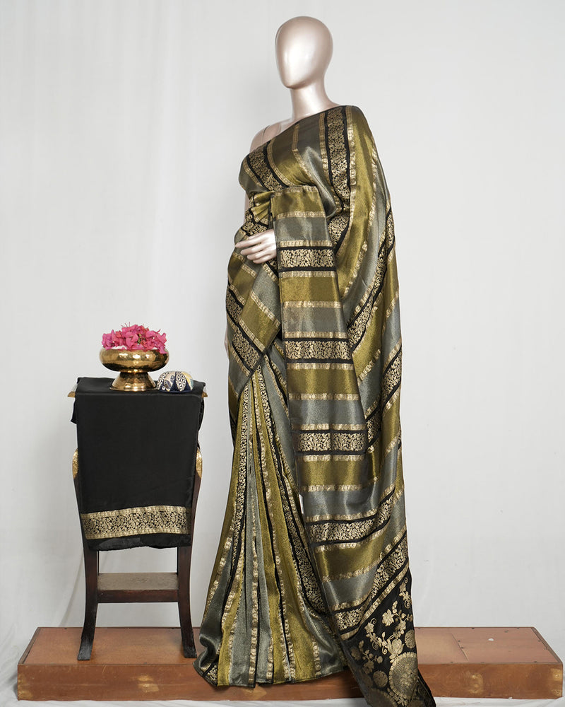 Black with antique golden banarasi semi silk Saree SAN4656