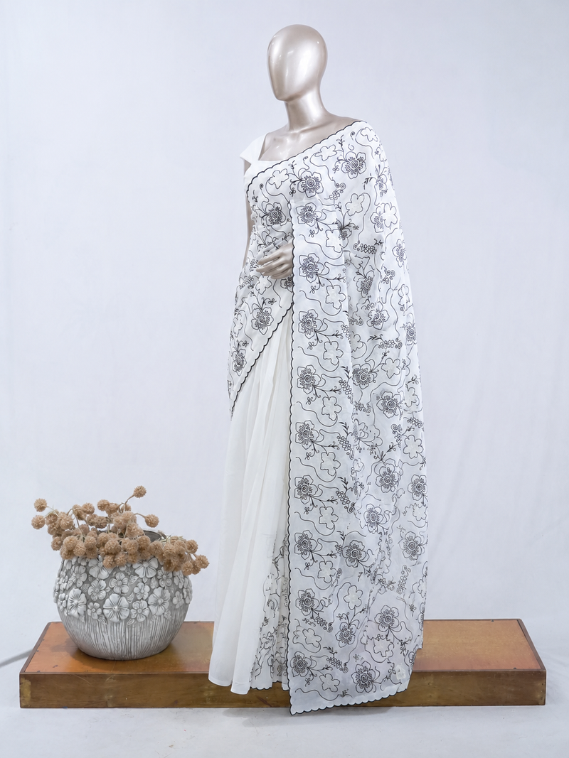 Floral embroidered raw cotton saree  SAN5546