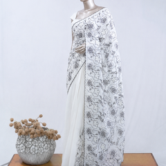 Floral embroidered raw cotton saree  SAN5546