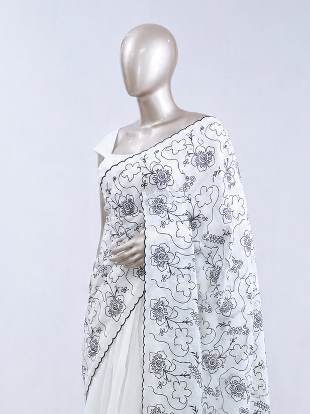 Floral embroidered raw cotton saree  SAN5546