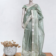 Sage Green Tissue Organza Saree with Silver Zari Border SAN5484