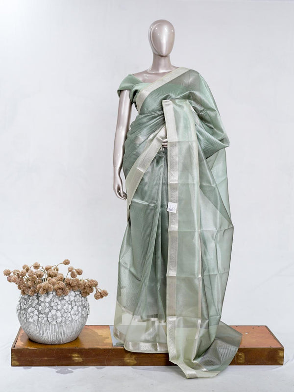 Sage Green Tissue Organza Saree with Silver Zari Border SAN5484