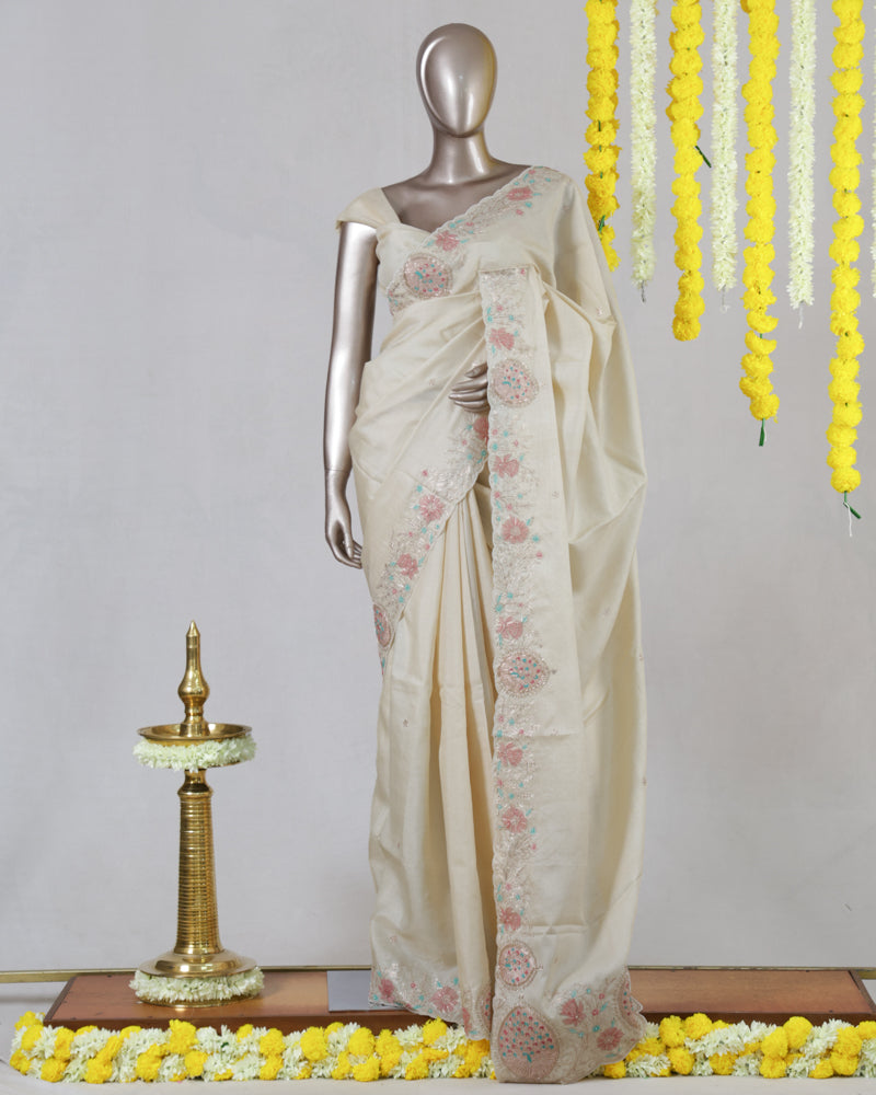 Ivory Blossom Embroidered Onam Saree