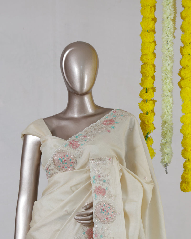 Ivory Blossom Embroidered Onam Saree